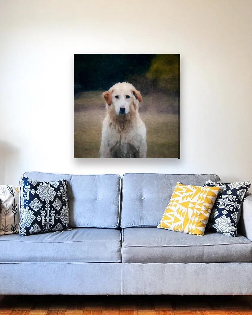 Canvas met hondenportret boven een bank